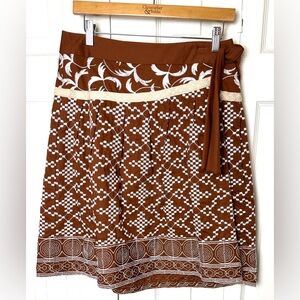 Vtg NANETTE LEPORE Embroidered Skirt Brown Whitete Embroidery Pleated Faux Wrap